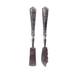 Art Nouveau white metal butter knife curler set tropical birds 
