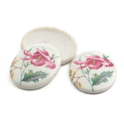 Lot (3) Czech vintage pink flower white porcelain cabochons 26x20mm