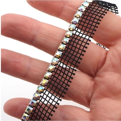 Preciosa ss20, Sparkle AB Crystal, 1 meter rhinestone black mesh, strand jewel silver prong setting trim banding sew embellishment