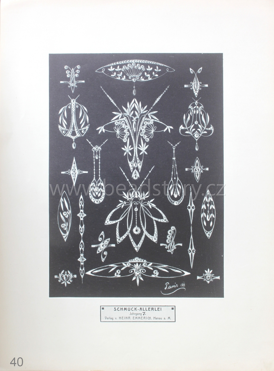 German Art Nouveau jewelry technical design print catalogue page Paris 1911 "Schmuck-Allerlei"