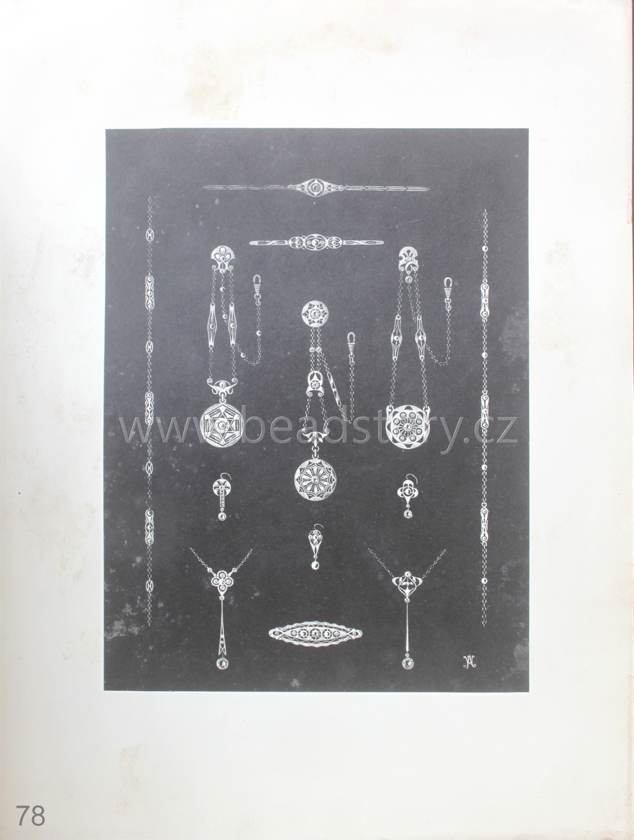 Art Nouveau earring, brooch and necklace technical design print catalogue page Germany 1900's