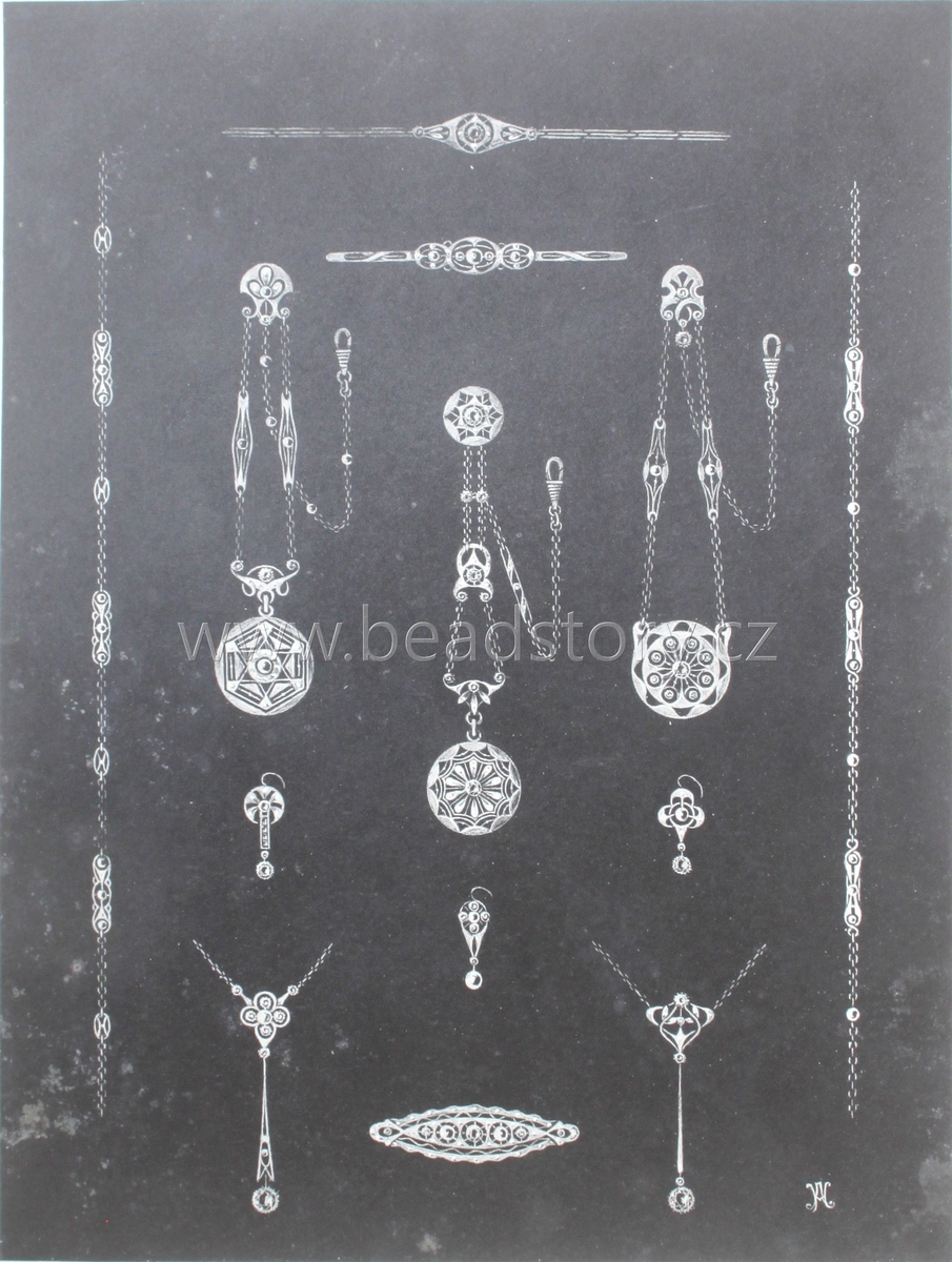 Art Nouveau earring, brooch and necklace technical design print catalogue page Germany 1900's