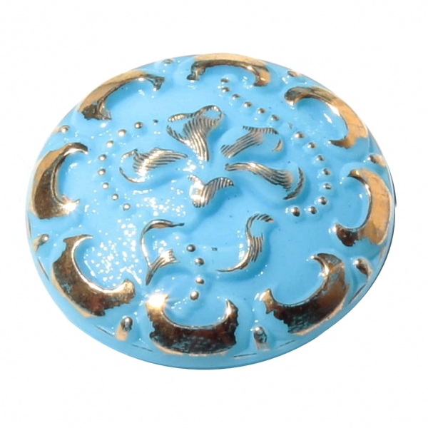 28mm Vintage Czech hand painted blue art glass 14k gold gilt flower button
