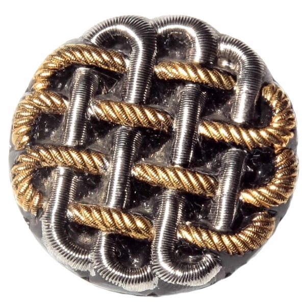 36mm vintage Czech hand silvered gold gilt fabric weave black art glass button