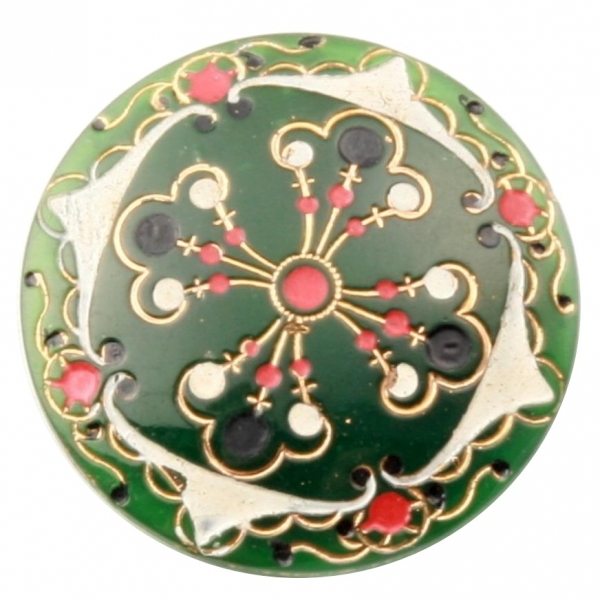 27mm Czech Victorian antique hand painted gilt ornate green art glass button