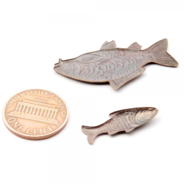 Lot (2) Czech 1920's Vintage realistic fish stamped metal pin brooch jewelry elements