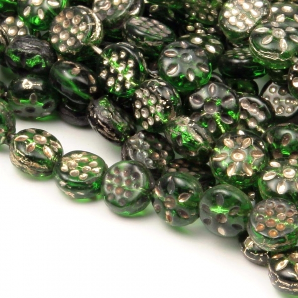 Hank (950) 6mm Czech 1920's vintage floral gold gilt green nail head glass beads