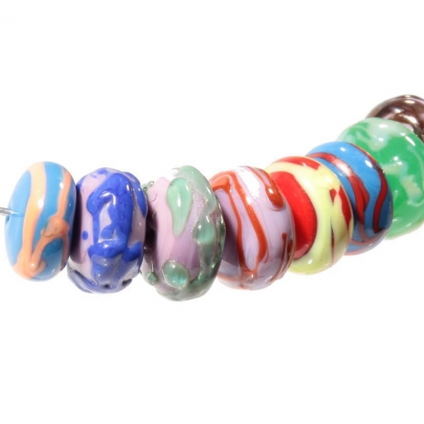 Lot (8) Vintage Czech abstract bicolor overlay rondelle lampwork glass beads