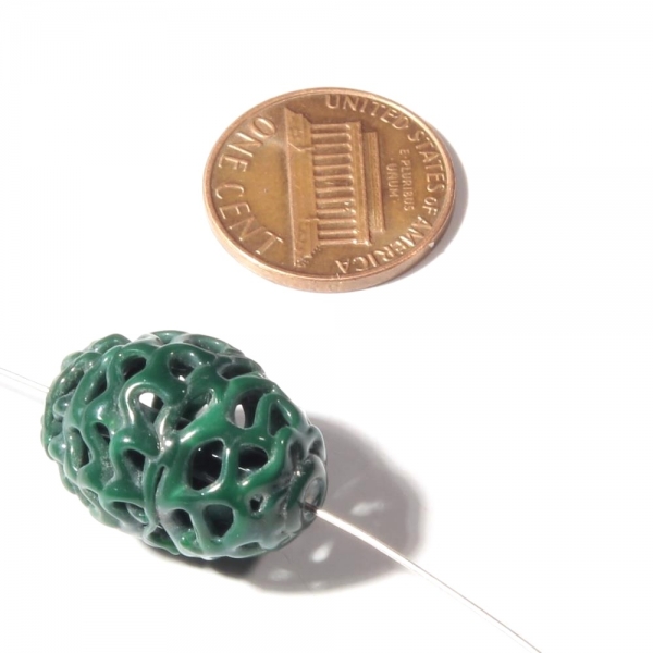 22mm vintage Czech rare lace spun pierced lampwork green oval lattice glass bead
