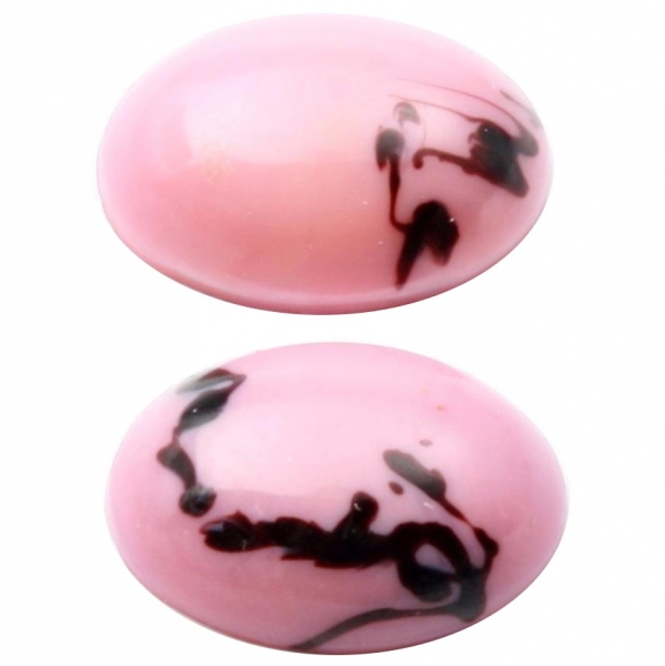 Lot (2) 20x15mm Czech vintage black abstract swirl pink oval glass cabochons