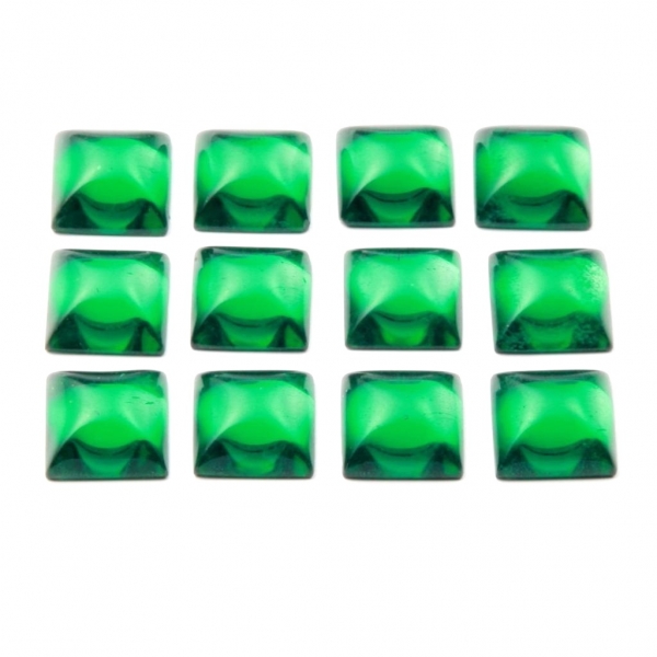 Lot (12) 12mm Czech vintage foiled green square domed glass cabochons