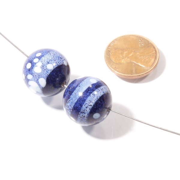 Lot (2) 17mm Czech lampwork glass beads abstract spatter marbled blue faux gemstone