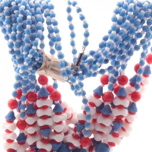 Hank (12) vintage Czech necklaces blue flower white triangle red glass beads