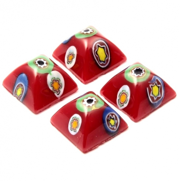Lot (4) 15mm Czech vintage millefiori red square domed Venetian glass cabochons