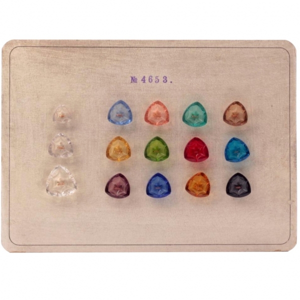 Sample card (15) Czech vintage Art Deco 1920's triangle faceted transparent glass buttons