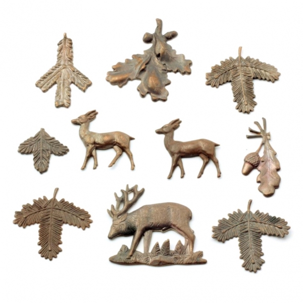 Lot (10) Czech vintage realistic fir deer stag oak acorn metal jewelry stampings