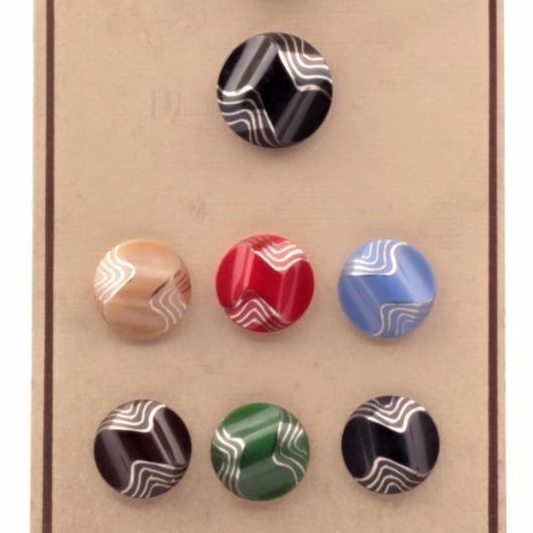 Sample card (9) Czech Art Deco 1920's Vintage silver detailed satin swirl geometric glass buttons