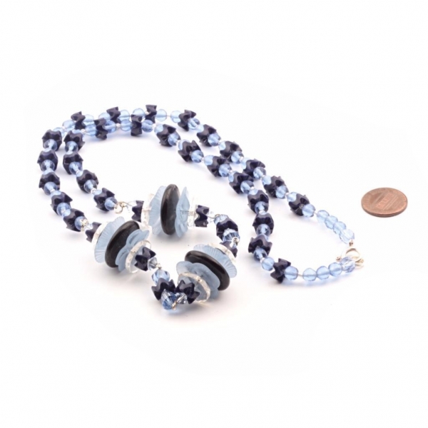 Vintage Czech fine art necklace blue flower faceted puzzle rondelle glass beads