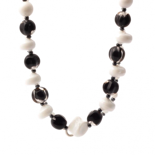Vintage Czech necklace black crystal bicolor melon white pendant art glass beads