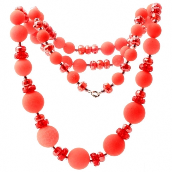 Vintage Czech necklace pink AB rondelle faceted glass beads neon orange beads