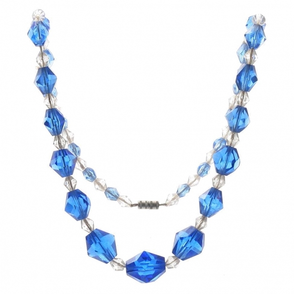 Vintage Czech choker necklace sapphire blue hand faceted Art Deco glass beads
