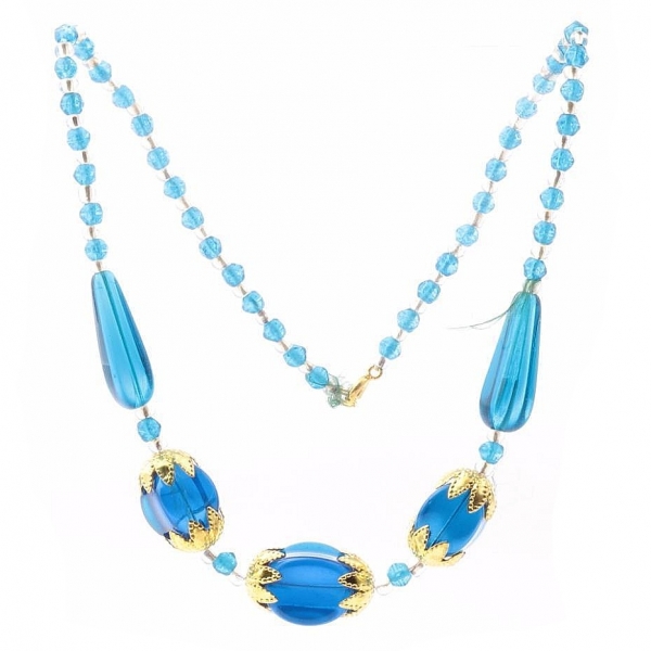 Vintage Czech necklace blue English cut oval teardrop silver lined glass beads