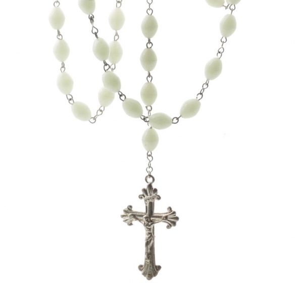 Vintage Czech 5 decade Catholic rosary crucifix phosphorus glowing plastic beads