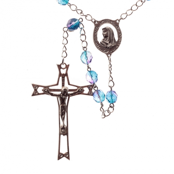 Czech 5 decade Catholic sapphire blue glass bead rosary crucifix pendant