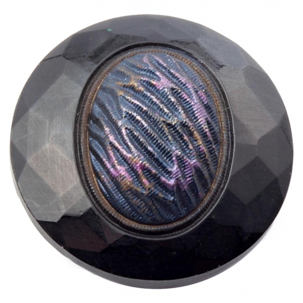 32mm Czech Victorian antique metallic iridescent bumpy domed 2 hole black connector glass bead