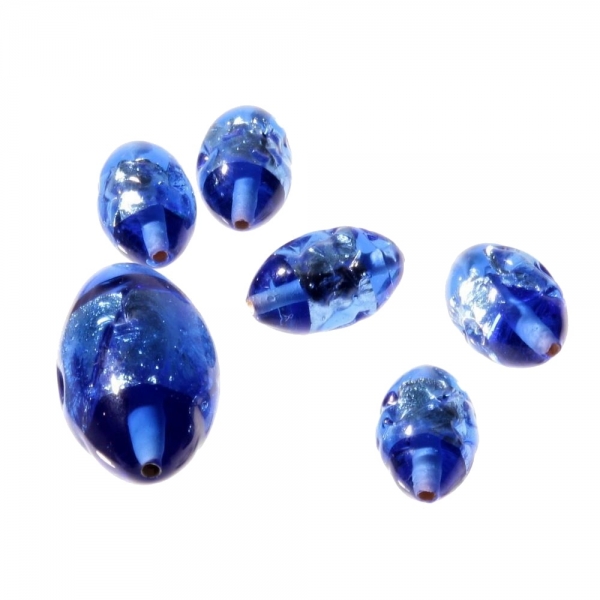 Lot (6) vintage Czech lampwork foil band bumpy overlay sapphire blue oval glass beads