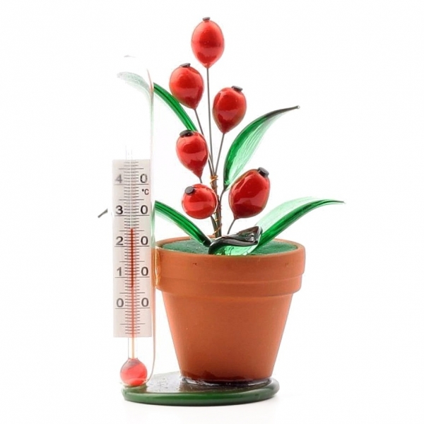 Czech studio Art Glass lampwork miniature red berry flower plant pot thermometer