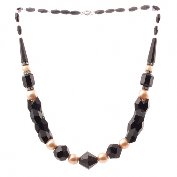 Vintage Czech necklace faux pearl interlocking black glass beads rhinestone rondelles