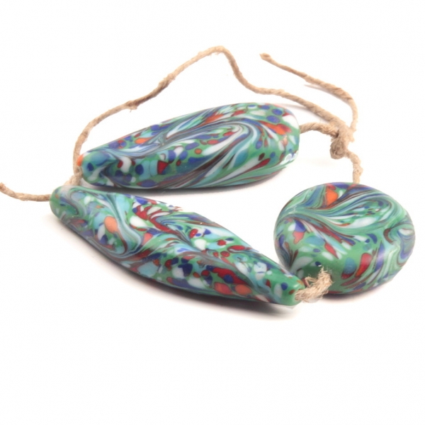 Lot (3) rare antique vintage Czech rainbow swirl spatter lampwork glass beads