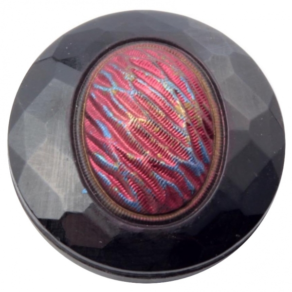 32mm Czech Victorian iridescent metallic faux fabric black 2 hole connector glass bead