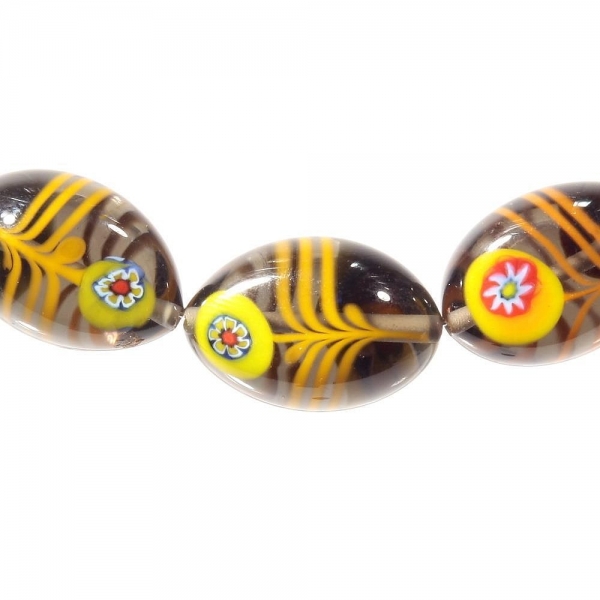 Lot (3) 24mm vintage Czech yellow feather marble millefiori flower lampwork oval glass beads
