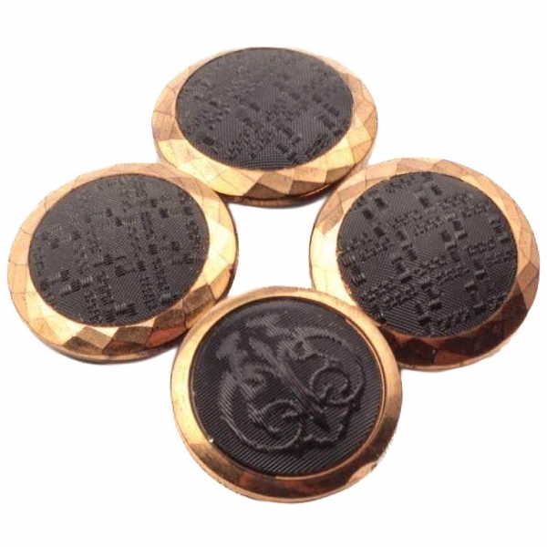 Lot (4) vintage 22mm Czech gold gilt faux fabric lacy black glass buttons
