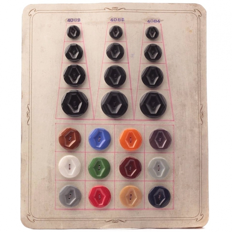 Sample card (24) Czech vintage geometric faceted hexagon indent glass buttons