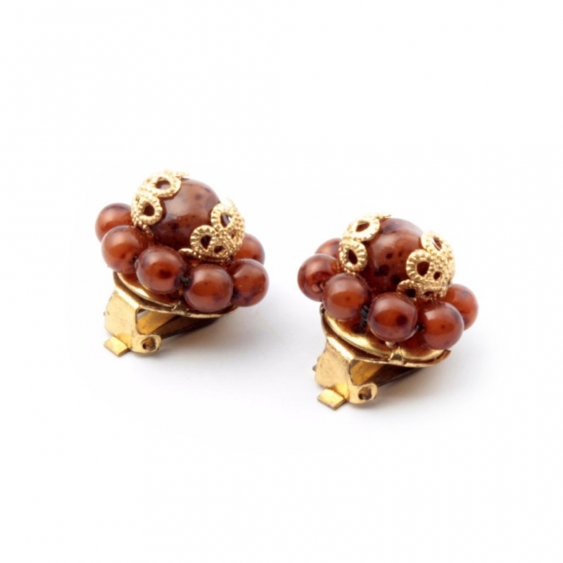 Pair Czech vintage brown marbled glass beaded cluster clip earrings