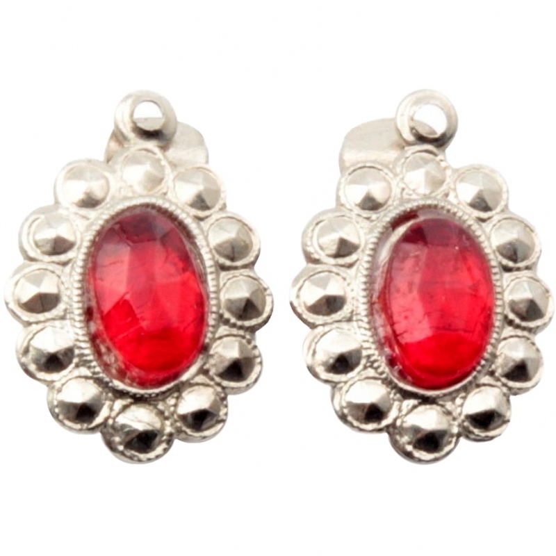 Pair Czech Art Deco antique vintage marcasite ruby red glass rhinestone clip earrings