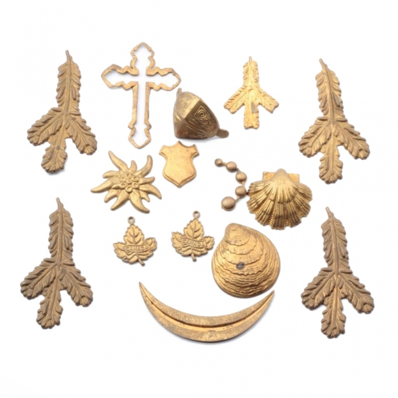 Lot (15) Czech Art Deco Vintage fir shell flower maple leaf metal jewelry stampings