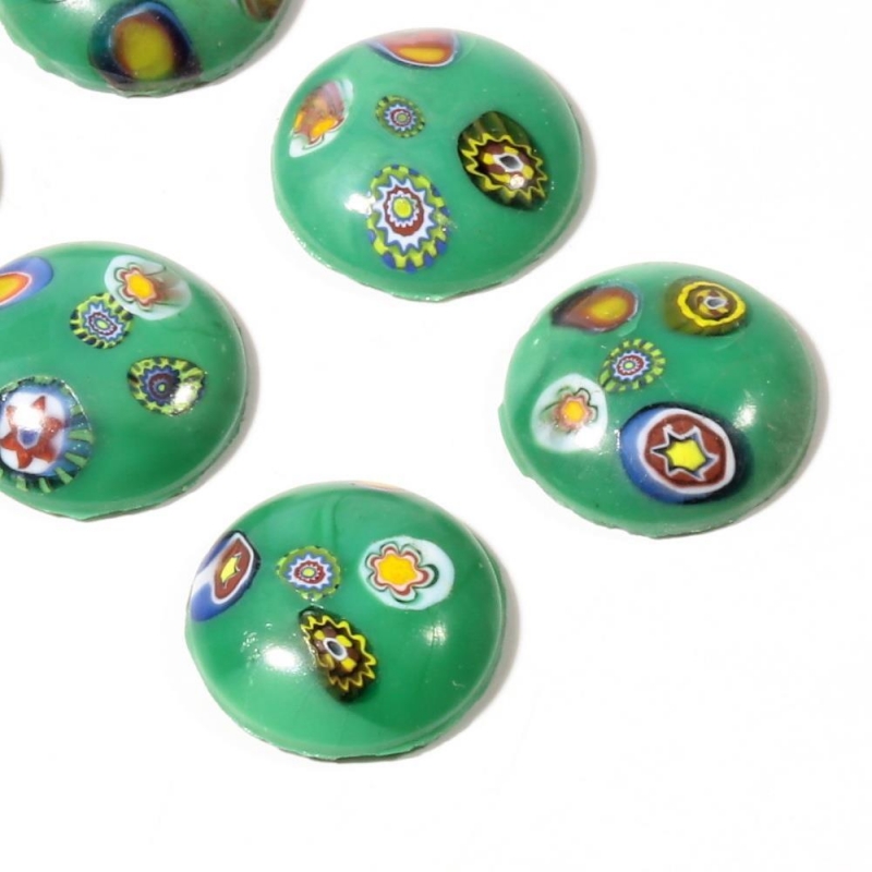 Lot (6) 16mm Czech vintage millefiori green marbled round glass cabochons