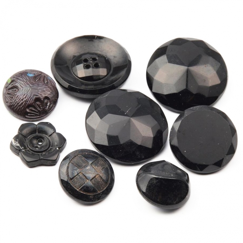 Lot (8) Czech Deco Vintage assorted black glass buttons flower geometric