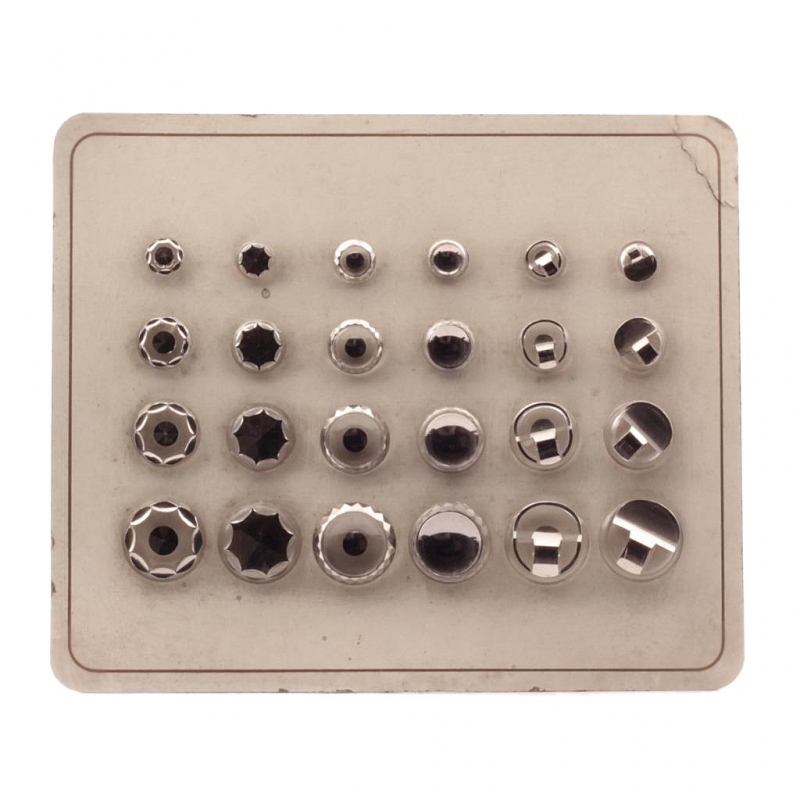 Sample card (24) Czech vintage silver metallic lustre geometric crystal art glass buttons