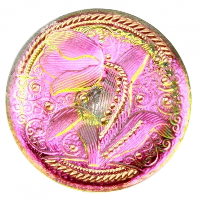 33mm Czech Vintage 14k gold gilt iridescent tulip flower lacy art glass button