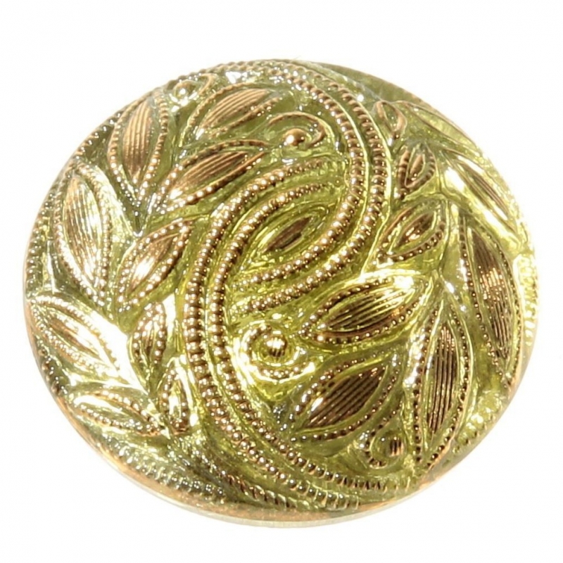 27mm Czech Vintage gold gilt lacy flower green glass button