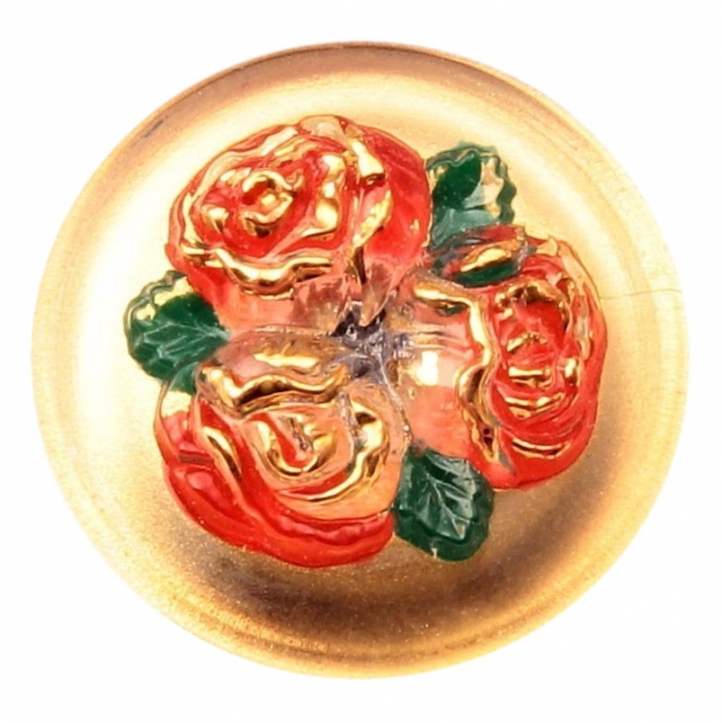 27mm Czech Vintage reverse painted 14k gilt rose flower art glass button