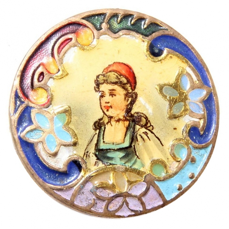 25mm Victorian pictorial hand champleve enamel gold gilt button