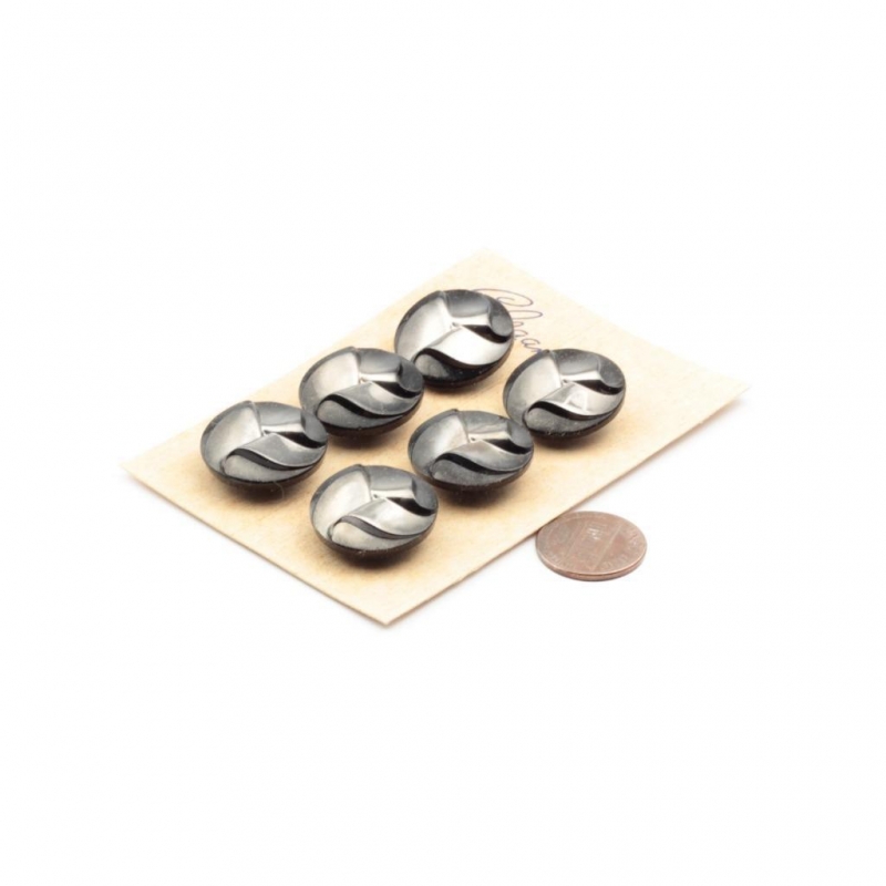 Card (6) 22mm "Elegant" silver lustre geometric black vintage Czech glass buttons