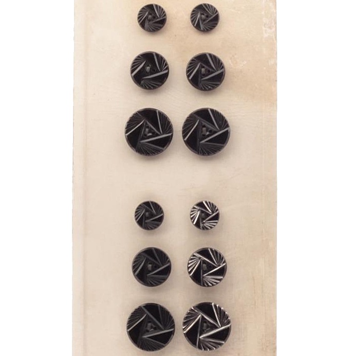 Czech vintage glass buttons Sample card (12) 1920s Deco silvered geometric spiral black
