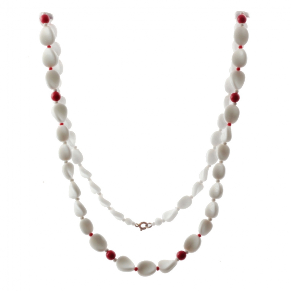 Vintage Czech necklace white red round twist oval glass beads